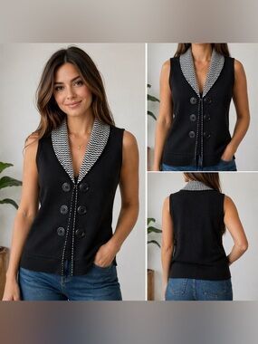ANGEL Apparel Black Knit Vest Chevron Collar Button Front Size 1XL